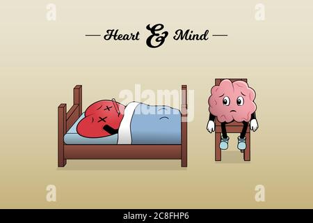 Herz liegt krank auf seinem Bett, während Geist sitzt besorgt neben ihm.Vektor einfache Illustration Stock Vektor