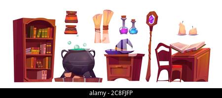 Magische Schule Interieur mit offenem Buch der Zauber, Papierrolle, Stab und Kessel mit Trank. Vektor Cartoon-Set von Möbeln in Zauberer oder Hexenraum, Hut, Kerzen, Kolben und Bücherregal Stock Vektor