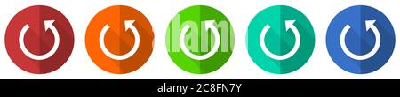 Drehen Icon Set, rot, blau, grün und orange flaches Design Web-Tasten isoliert auf weißem Hintergrund, Vektor-Illustration Stock Vektor