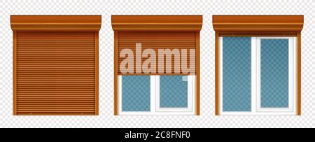 Kunststofffenster mit Holzrollladen isoliert auf transparentem Hintergrund. Vector realistische Satz von geschlossenen und offenen Rollen für Glasfenster, braun blind für Büro oder Ladenfront Stock Vektor