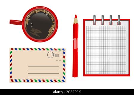 Satz von Büroobjekten. Stift, Kaffee, Notizbuch und Umschlag isoliert auf weißem Hintergrund. Design Konzept der Wirtschaft, Bildung oder Lernarbeitsplatz. T Stock Vektor