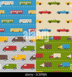 Sammlung von flachen Stil nahtlose Muster mit bunten Autos. Verschiedene städtische Verkehrsmittel - Autos, Busse, Lastwagen und Minivans. Stock Vektor