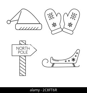 Sammlung von Weihnachts-Ikonen in dünnen Linie Stil. Santa Schlitten, Hut, Fäustlinge und Nordpol Wegweiser Symbole isoliert auf weißem Hintergrund. Stock Vektor