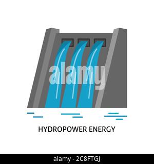 Symbol für Wasserkraftwerke in flachem Stil. Wasserdurchfluss Energie. Lineares Symbol auf weißem Hintergrund isoliert. Stock Vektor