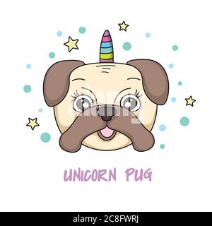 Niedliche Cartoon Gesicht Einhorn Hund Mops. Vektorgrafik. Stock Vektor