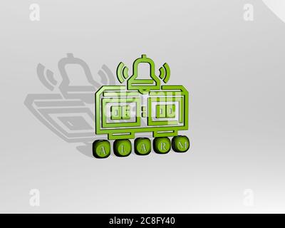 3D-Illustration von Alarm Grafiken und Text von metallischen Würfel Buchstaben für die damit verbundenen Bedeutungen des Konzepts und Präsentationen. Uhr und Hintergrund Stockfoto
