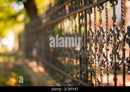Schmiedeeisen Tracery schwarzen Zaun Fragment. Eleganter dekorativer gusseiserner Zaun. Stockfoto