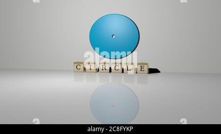 3D-Darstellung des KREISES mit Symbol an der Wand und Text angeordnet durch metallische kubische Buchstaben auf einem Spiegelboden für Konzept Bedeutung und Diashow-Präsentation. Illustration und Hintergrund Stockfoto