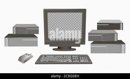 Alter PC. Retro Gadget klassischen Monitor mit einer veralteten Maus und System. Stock Vektor