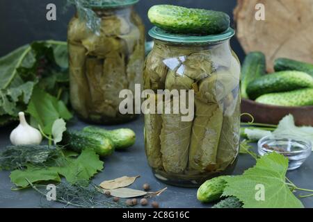 Marinierte Gurken in Traubenblättern mit Knoblauch und Dill in zwei Gläsern auf dunklem Grund, Horizontal-Format Stockfoto