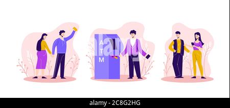 Stellen Sie Personen an einen Geldautomaten an. Männer und Frauen stehen Schlange, um Bargeld von einem Geldautomaten abzuheben. Stock Vektor