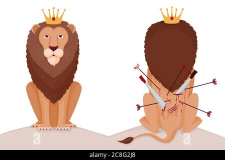 Schwer zu sein König Löwe Illustration. Stolzer Tierkönig mit Kronenerstich in den Rücken durchbohrte Pfeile und Schwerter. Stock Vektor