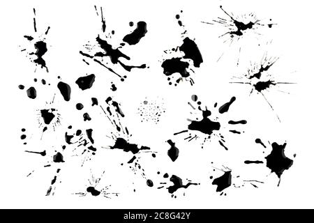 Sammlung von Tintenspritzen und Blots isoliert auf weiß Stockfoto