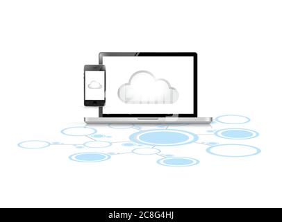 Design der Grafik für Cloud-Computing-Computer-Verbindungen im Netzwerk auf weißem Hintergrund Stock Vektor