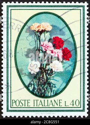 ITALIEN - UM 1966: Eine in Italien gedruckte Marke aus der Ausgabe 'Bäume und Blumen' zeigt Nelken, um 1966. Stockfoto