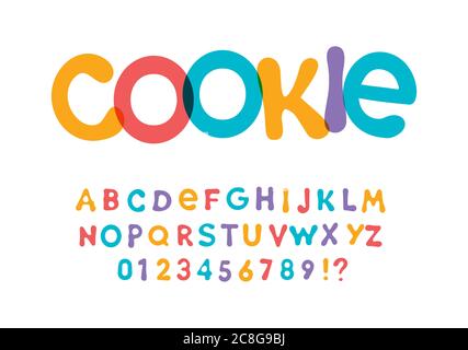 Farbfont für helles Verpackungsdesign für Kekse, Snacks und Süßigkeiten. Kinder Schriftart für Kinder Urlaub und Spielzeug. Vektortypografie. Stock Vektor