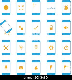 Symbole für die Reparatur von Mobiltelefonen. Eine Sammlung von defekten oder beschädigten Handy-Symbole, einschließlich Reparatur von Kopfhörern, Kamera-Reparatur und gesprungenen Bildschirm Stock Vektor