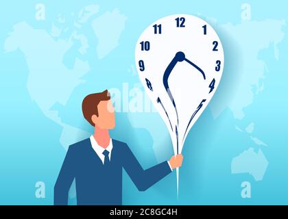 Vektor eines Geschäftsmannes, der eine schmelzende Uhr auf einem Hintergrund der Weltkarte hält Stock Vektor