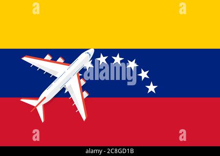 Vektor-Illustration eines Passagierflugzeugs, das über die Flagge Venezuelas fliegt. Konzept von Tourismus und Reisen Stock Vektor