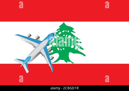 Vektor-Illustration eines Passagierflugzeugs, das über die Flagge des Libanon fliegt. Konzept von Tourismus und Reisen Stock Vektor