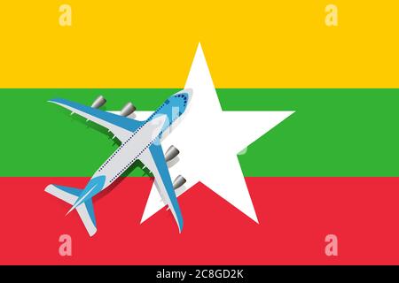 Vektor-Illustration eines Passagierflugzeugs, das über die Flagge von Myanmar fliegt. Konzept von Tourismus und Reisen Stock Vektor