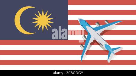 Vektor-Illustration eines Passagierflugzeugs, das über die Flagge von Malaysia fliegt. Konzept von Tourismus und Reisen Stock Vektor