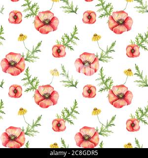 Nahtloses Sommermuster mit hellen Mohnblumen und Wildblumen. Für Textilien, Stoffe, Einladungen. Stockfoto