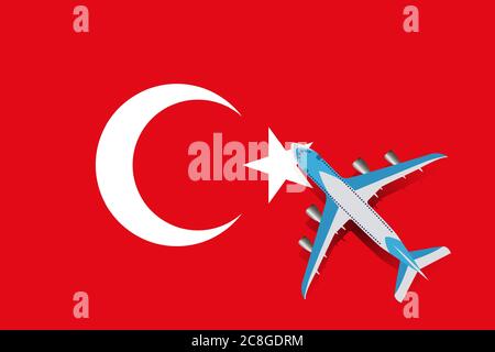 Vektor-Illustration eines Passagierflugzeugs, das über die Flagge der Türkei fliegt. Konzept von Tourismus und Reisen Stock Vektor