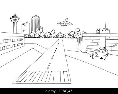 Flughafen außen Grafik schwarz weiß Skizze Illustration Vektor Stock Vektor