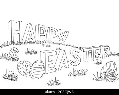 Glücklich Ostern Ei Text Brief Gras Hügel Grafik schwarz weiß Landschaft Hintergrund Skizze Illustration Vektor Stock Vektor