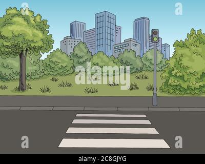 Crosswalk Straße Straße Grafik Farbe Stadt Landschaft Skizze Illustration Vektor Stock Vektor