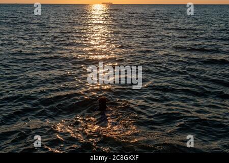 Ein Mädchen verschwindet in einer Welle in einem erfrischenden Meer, Meer, an einem heißen Sommertag in den Strahlen des Sonnenuntergangs Stockfoto