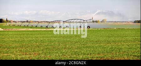 Ein Pivot-Sprinkler für landwirtschaftliche Zentren, der zur Bewässerung eines Luzerne-Feldes in den fruchtbaren Feldern von Idaho verwendet wurde. Stockfoto