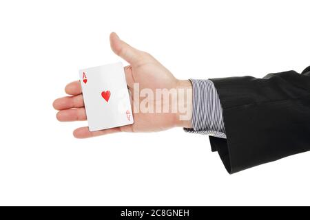 Männliche Hand mit Ass-Karte isoliert auf weiß Stockfoto