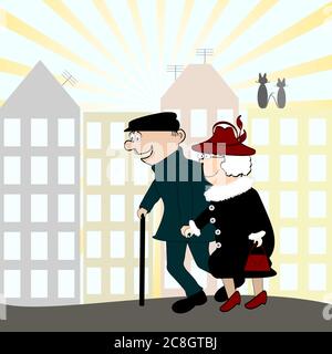 vektor-Illustration eines glücklichen älteren Paares, das auf einer Straße geht Stock Vektor