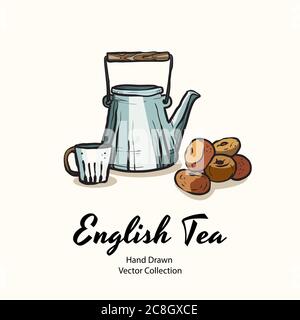 Blaue Teekanne, Tasse und Donuts handgezeichnete Vektor-Illustration im alten Stil für Café-Menü, Logo, Banner, Flayer Stock Vektor