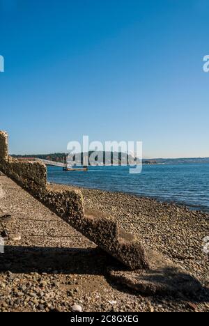 Blick vom Ufer in Gig Harbor, Washington, zeigt eine verkrustete Betontreppe zum Strand im Vordergrund. Stockfoto