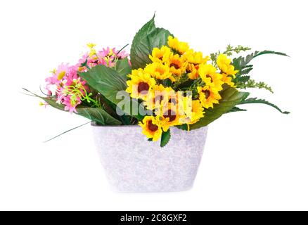 Bunte Stoff Blumen in Vase auf weißem Hintergrund. Stockfoto