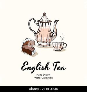 Rosa Teekanne, Tasse und Cupcake Hand gezeichnet Vektor-Illustration im alten Stil für Café-Menü, Logo, Banner, Flayer Stock Vektor
