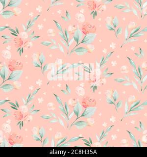 Aquarell floralen botanischen Muster und nahtlose Hintergrund. Ideal für den Druck von Stoff und Papier oder Scrapbooking. Handbemalt. Rasterdarstellung. Stockfoto