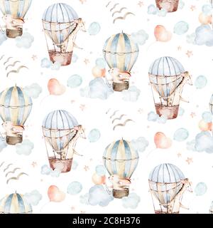 Cute Baby Tier und Luftballon nahtlose Muster, Giraffe und Hase, Kaninchen Illustration für Kinder Kleidung. Luftballons Woodland Aquarell Hand Stockfoto