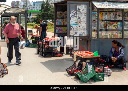 Zigeunerfrau, weibliche Straßenverkäuferin, die Tomaten durch spontane Stände auf dem Bürgersteig an der Bushaltestelle in Sofia, Bulgarien, als illegaler Handel in der städtischen Umwelt, Osteuropa, Balkan, EU verkauft Stockfoto