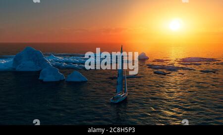 Eisschmelze, Klimawandel. Segelboot im antarktischen Ozean. Arktisches Meer, treibendes Eisberg. Globale Erwärmung. Sonnenuntergang. 3d-Rendering Stockfoto