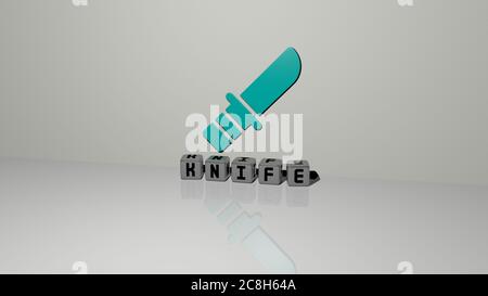 3D-Darstellung des MESSERS mit Symbol an der Wand und Text angeordnet durch metallische kubische Buchstaben auf einem Spiegelboden für Konzept Bedeutung und Diashow-Präsentation. Hintergrund und Illustration Stockfoto