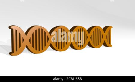 DNA DOPPEL HELIX gemacht durch 3D-Illustration einer glänzenden Metallskulptur mit dem Schatten auf hellem Hintergrund. Biologie und abstrakt Stockfoto