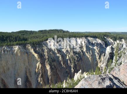 Spätfrühling im Yellowstone National Park: Blick über den Grand Canyon des Yellowstone River zum Südrand vom Grand View am Nordrand Stockfoto