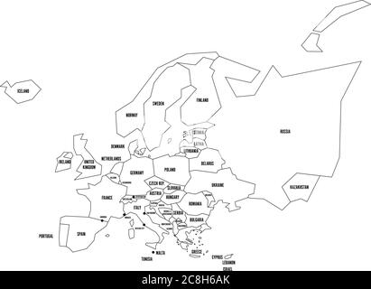 Politische Landkarte von Europa. Vereinfachte dünne schwarze Drahtglossilde mit Landesgrenzen und Ländernamen. Vektorgrafik. Stock Vektor