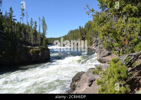 Spätfrühling im Yellowstone National Park: Blick flussaufwärts auf den Yellowstone River vom Brink der Upper Yellowstone Falls Stockfoto