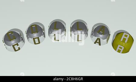 Kreuzworträtsel des KRAGENS angeordnet durch kubische Buchstaben auf einem Spiegelboden, Konzept Bedeutung und Präsentation. Business und Hintergrund. 3D-Illustration Stockfoto