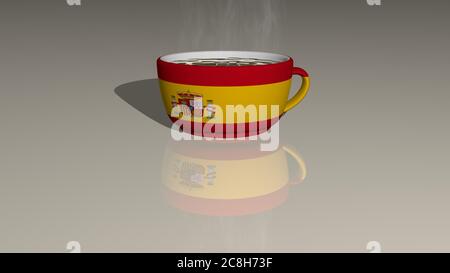 spanien platziert auf einer Tasse heißen Kaffee in einer 3D-Darstellung auf dem Boden mit einer realistischen Perspektive und Schatten gespiegelt Stockfoto